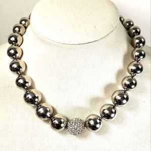Alfani Signed Metallic Bead Necklace Silver Tone Disco Ball Center Glam Bling
